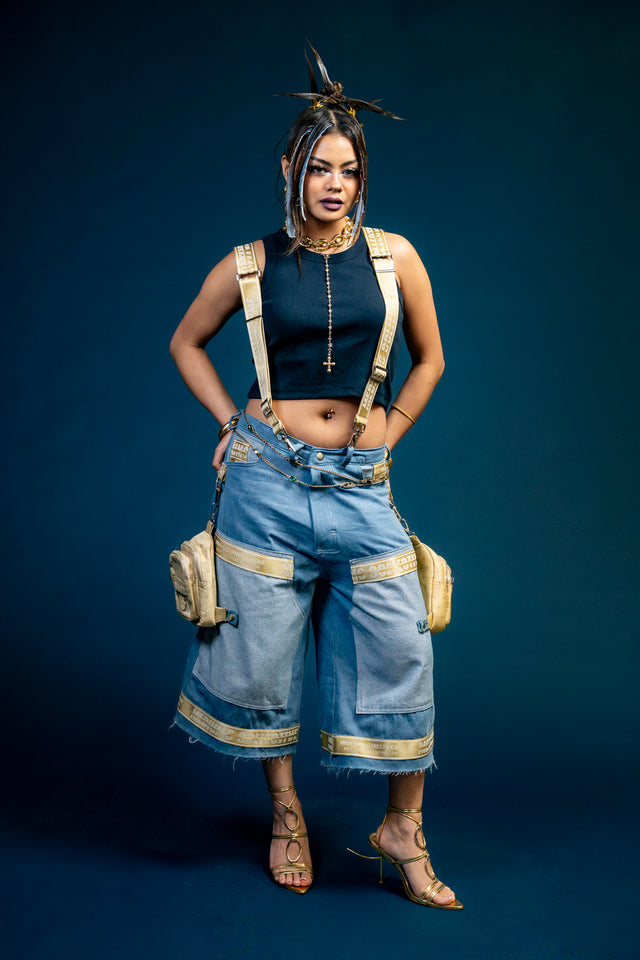 Mediums Collective Vintage Wash Denim Cargo Jorts w/ Bag Harness