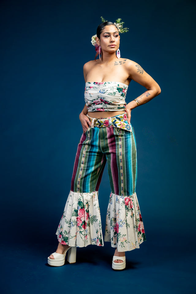 Mediums Collective Floral Mexican Serape Pleated Bell Bottom Pants and top Set