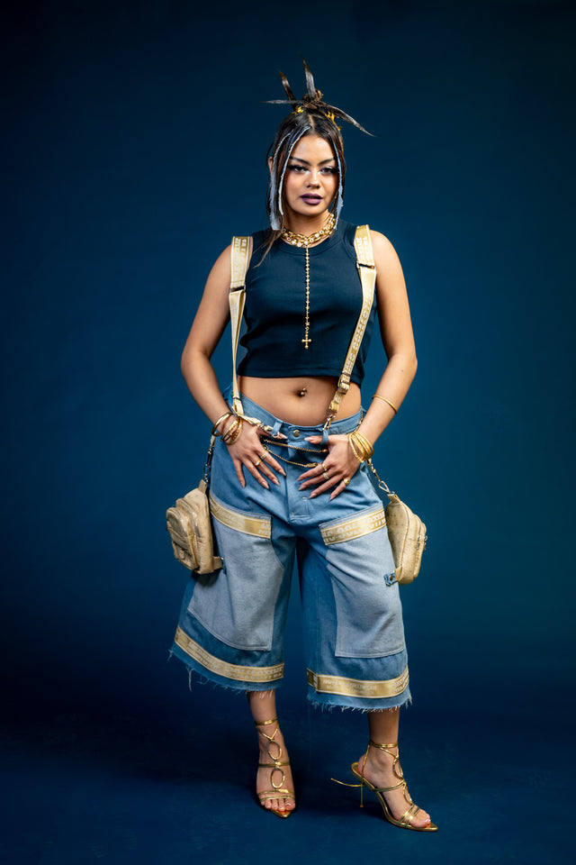 Mediums Collective Vintage Wash Denim Cargo Jorts w/ Bag Harness