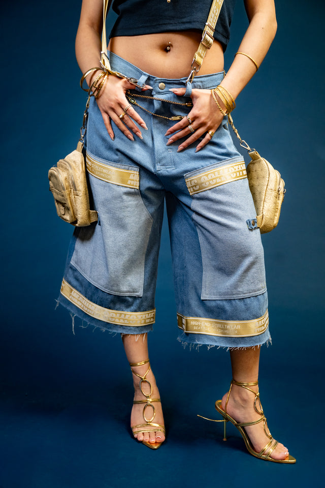 Mediums Collective Vintage Wash Denim Cargo Jorts w/ Bag Harness