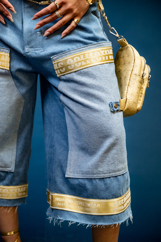 Mediums Collective Vintage Wash Denim Cargo Jorts w/ Bag Harness