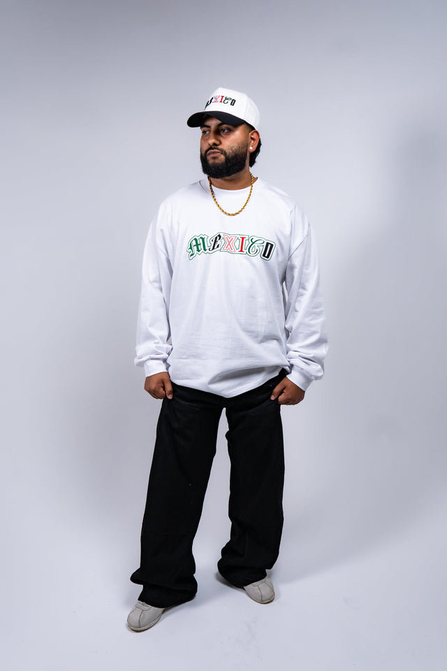 Mexico graphic tee, Mexico long sleeve shirt, Mexican streetwear, Latino streetwear, Mediums Collective, Seattle streetwear, Mexico shirt, Mexico soccer shirt, fútbol fashion, Mexican heritage clothing, men’s graphic tee, men’s long sleeve graphic shirt, pine green tee, black long sleeve shirt, white long sleeve shirt, cultural streetwear, World Cup outfit, Mexico capsule, Latino fashion brand, Mexican inspired apparel
