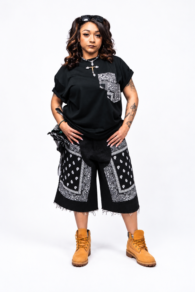 1of1 Black Patchwork Paisley Bandana Denim Shorts - W35