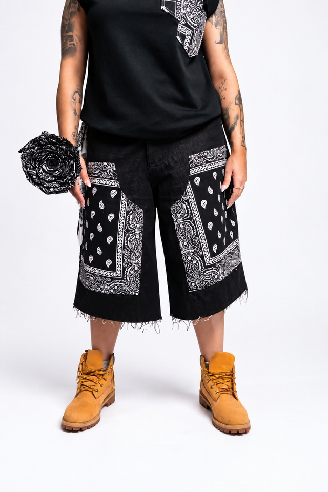 1of1 Black Patchwork Paisley Bandana Denim Shorts - W35