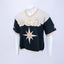 Mannequin wearing a beige and navy Mediums Collective SEA 206 Knit V neck sports jersey with a SEA Velour embroidery design on a white background mariners merch, mlb, near me