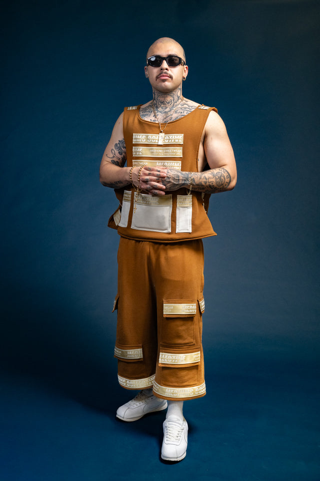 Mediums Collective Signature Brown Fleece Vest & Cargo Shorts Set