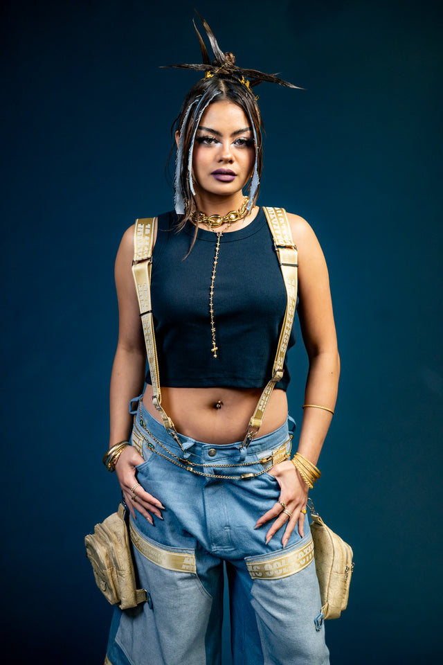 Mediums Collective Vintage Wash Denim Cargo Jorts w/ Bag Harness