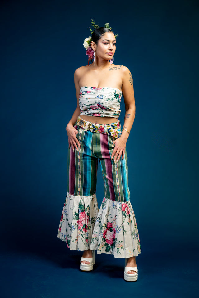 Mediums Collective Floral Mexican Serape Pleated Bell Bottom Pants and top Set