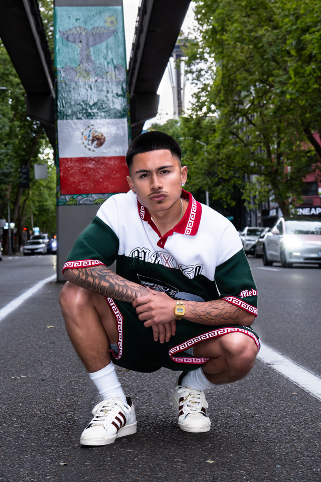 Mexico jersey set, Raza jersey, Mexican streetwear, Mediums Collective, Latino streetwear, Mexico soccer jersey, fútbol fashion, Mexico outfit, World Cup Mexico outfit, Mexican inspired clothing, green white red jersey, matching jersey shorts set, men’s streetwear set, Latino fashion brand, Seattle streetwear, cultural streetwear, Mexican heritage apparel, Raza clothing, Mexico number 10 jersey, eagle graphic jersey, fútbol streetwear, festival outfit, match day outfit.