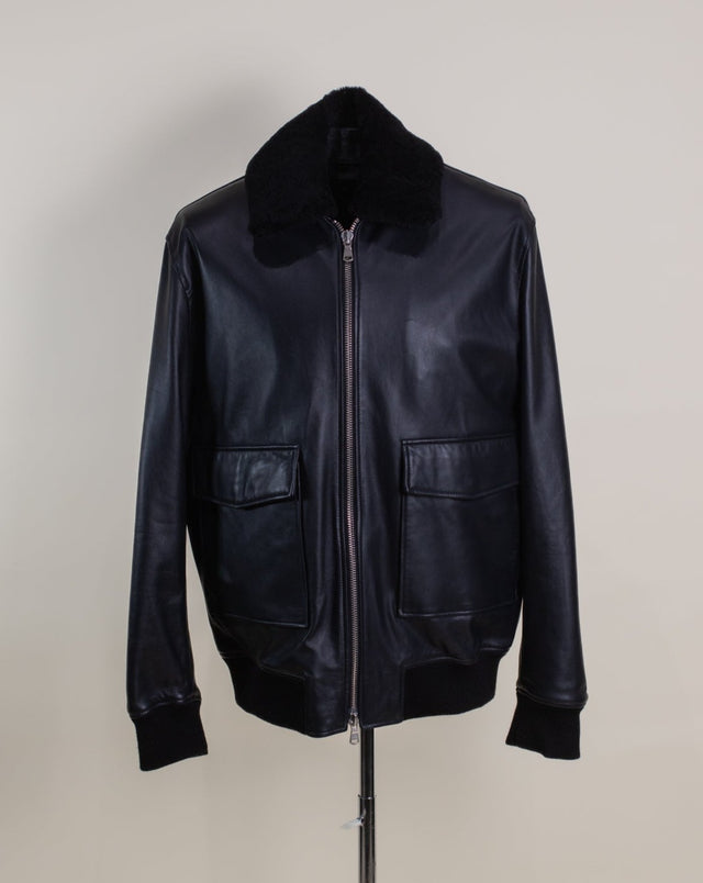 BUGATCHI Leather Bomber Jacket with Removable Shearling Collar - L