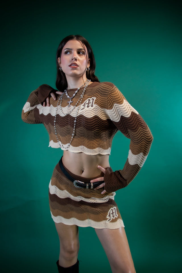 Brown knitted Crochet Crewneck - Women