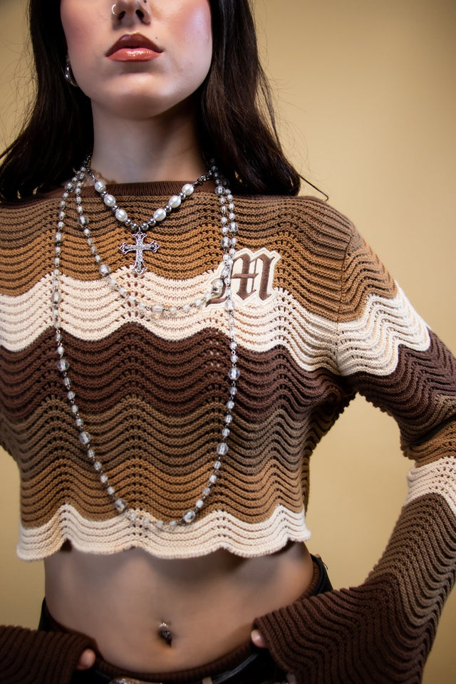 Brown knitted Crochet Crewneck - Women