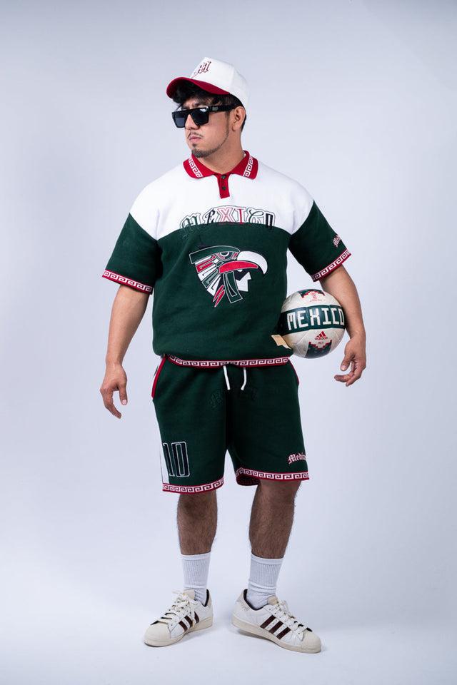 Mexico jersey set, Raza jersey, Mexican streetwear, Mediums Collective, Latino streetwear, Mexico soccer jersey, fútbol fashion, Mexico outfit, World Cup Mexico outfit, Mexican inspired clothing, green white red jersey, matching jersey shorts set, men’s streetwear set, Latino fashion brand, Seattle streetwear, cultural streetwear, Mexican heritage apparel, Raza clothing, Mexico number 10 jersey, eagle graphic jersey, fútbol streetwear, festival outfit, match day outfit.