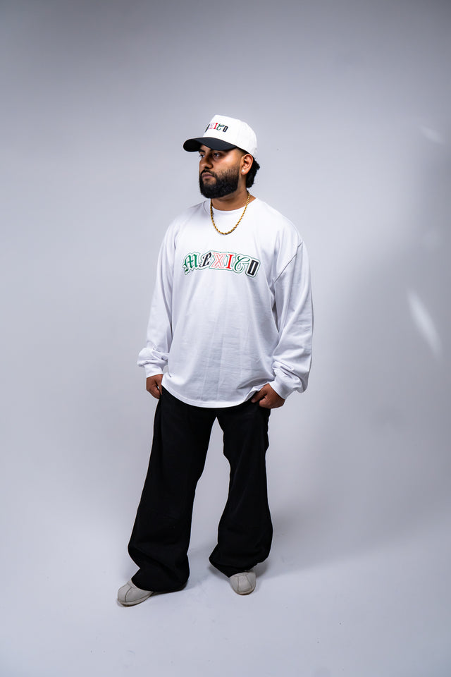 Mexico graphic tee, Mexico long sleeve shirt, Mexican streetwear, Latino streetwear, Mediums Collective, Seattle streetwear, Mexico shirt, Mexico soccer shirt, fútbol fashion, Mexican heritage clothing, men’s graphic tee, men’s long sleeve graphic shirt, pine green tee, black long sleeve shirt, white long sleeve shirt, cultural streetwear, World Cup outfit, Mexico capsule, Latino fashion brand, Mexican inspired apparel.