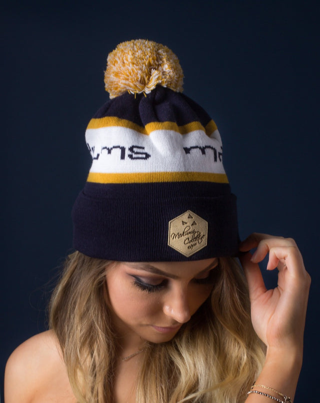 beanie, Pom pom beanie, Sports beanie, Gold, leather patch, Mediums collective