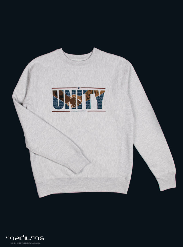 UNITY, sweatshirt, nipsey hussle, mexican culture, blm, black culture, black and brown, unidad, crewneck, heavyweight, gray heather, mediums collective, mediumscollective,