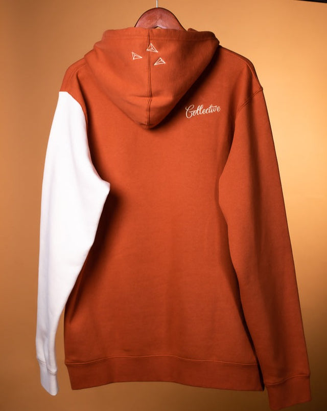 hoodie, dope fashion, streetwear, urban, seattle clothing, tacoma, PNW, fleece, cotton, cut and sew, local designer, hip hop fashion, urbanwear, west coast, fresh hoodie, shopping online, blue, slate blue, collective logo, embroidery, 10oz fleece, 80/20 cotton/poly blend, orange hoodie, back side, heavyweight